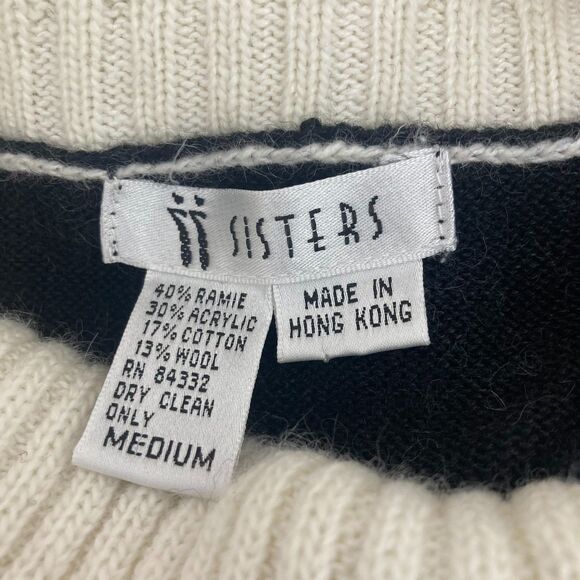 Sisters Vintage 80s Turtleneck Sweater M Black Ivory Colorblock Hong Kong - Picture 11 of 11